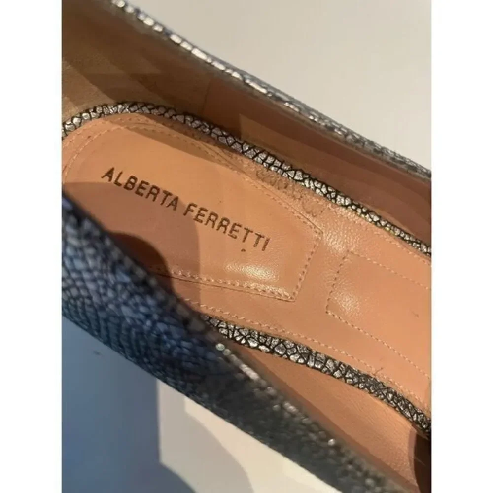 Alberta Ferretti Silver Metallic Loafers Star Tassel 8 IT38‎ Block Heel Italian
